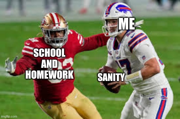 Niners coming in hot | ME; SCHOOL AND HOMEWORK; SANITY | image tagged in niners coming in hot | made w/ Imgflip meme maker