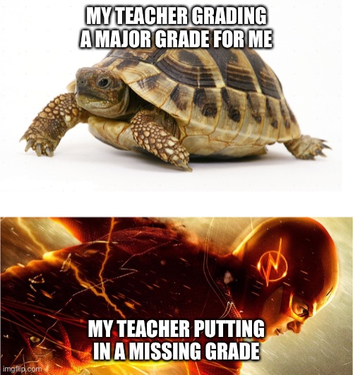 Slow vs Fast Meme | MY TEACHER GRADING A MAJOR GRADE FOR ME; MY TEACHER PUTTING IN A MISSING GRADE | image tagged in slow vs fast meme | made w/ Imgflip meme maker
