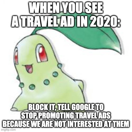 Chikorita | WHEN YOU SEE A TRAVEL AD IN 2020: BLOCK IT, TELL GOOGLE TO STOP PROMOTING TRAVEL ADS BECAUSE WE ARE NOT INTERESTED AT THEM | image tagged in chikorita | made w/ Imgflip meme maker