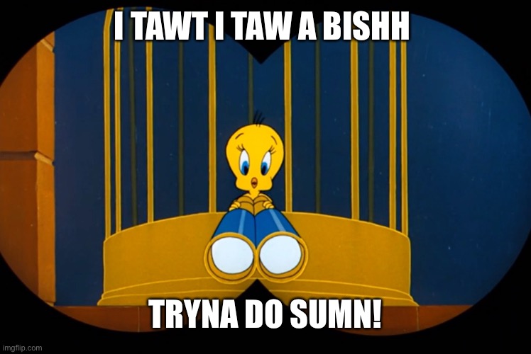 Tweety Saw | I TAWT I TAW A BISHH; TRYNA DO SUMN! | image tagged in memes | made w/ Imgflip meme maker