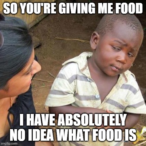 Third World Skeptical Kid | SO YOU'RE GIVING ME FOOD; I HAVE ABSOLUTELY NO IDEA WHAT FOOD IS | image tagged in memes,third world skeptical kid,funny | made w/ Imgflip meme maker