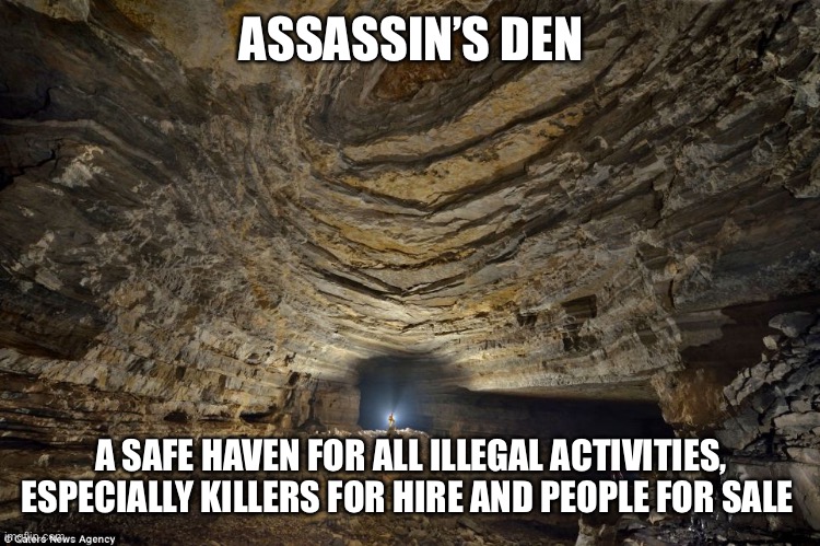 ASSASSIN’S DEN; A SAFE HAVEN FOR ALL ILLEGAL ACTIVITIES, ESPECIALLY KILLERS FOR HIRE AND PEOPLE FOR SALE | made w/ Imgflip meme maker