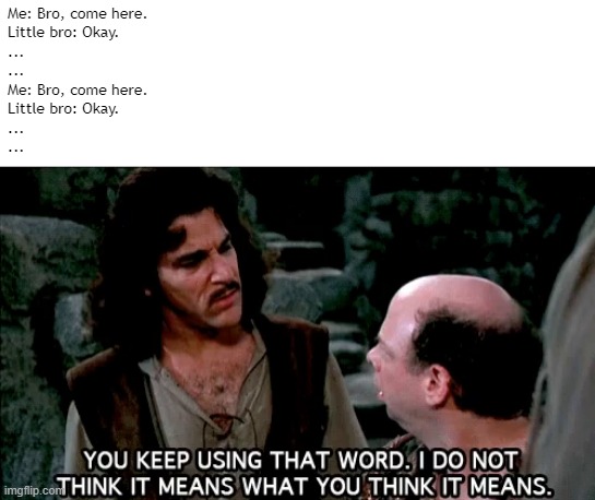 Me: Bro, come here.
Little bro: Okay.
...
...
Me: Bro, come here.
Little bro: Okay.
...
... | image tagged in princess bride,i do not think that means what you think it means,family | made w/ Imgflip meme maker