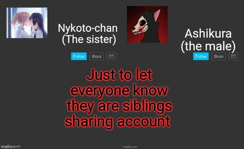 Just to let everyone know they are siblings sharing account | image tagged in nykoto's announcement template,ashikura's announcement template | made w/ Imgflip meme maker