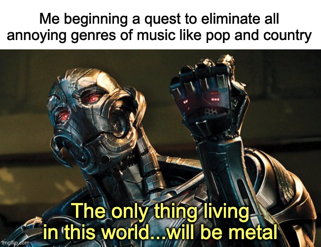 METAL \m/ | Me beginning a quest to eliminate all annoying genres of music like pop and country; The only thing living in this world...will be metal | image tagged in avengers age of ultron,memes | made w/ Imgflip meme maker