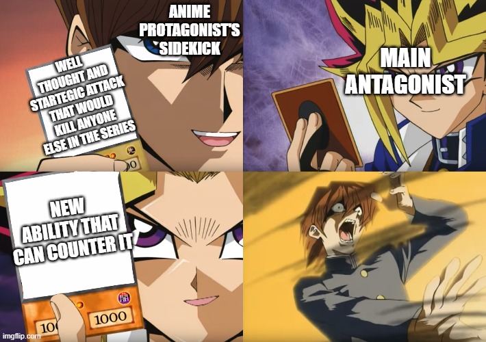 Yu-Gi-Oh Exodia | ANIME PROTAGONIST'S SIDEKICK; MAIN ANTAGONIST; WELL THOUGHT AND STARTEGIC ATTACK THAT WOULD KILL ANYONE ELSE IN THE SERIES; NEW ABILITY THAT CAN COUNTER IT | image tagged in yu-gi-oh exodia,anime,funny,anime meme,stop reading the tags | made w/ Imgflip meme maker