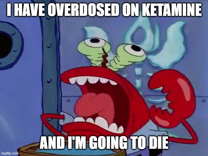 Mr. Krabs overdosed on ketamine | I HAVE OVERDOSED ON KETAMINE; AND I'M GOING TO DIE | image tagged in spongebob,mr krabs,drugs | made w/ Imgflip meme maker