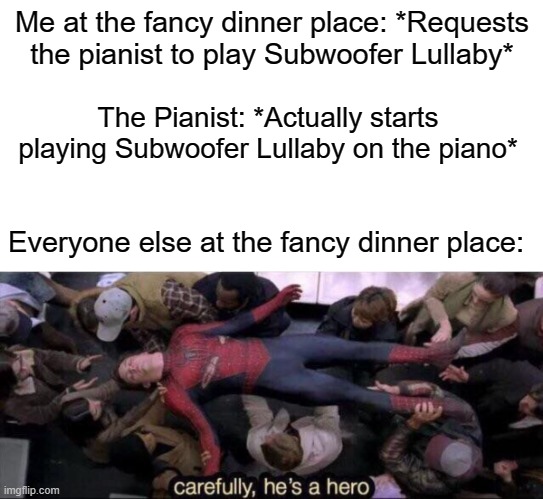 ah yes, minecraft music | Me at the fancy dinner place: *Requests the pianist to play Subwoofer Lullaby*; The Pianist: *Actually starts playing Subwoofer Lullaby on the piano*; Everyone else at the fancy dinner place: | image tagged in carefully he's a hero,minecraft,piano,memes,funny memes,funny | made w/ Imgflip meme maker