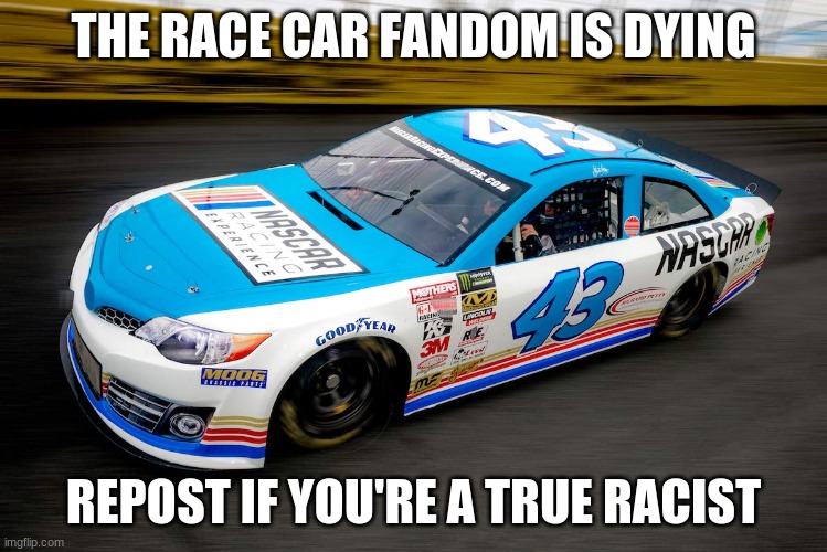 THE RACE CAR FANDOM IS DYING REPOST IF YOU'RE A TRUE RACIST | made w/ Imgflip meme maker
