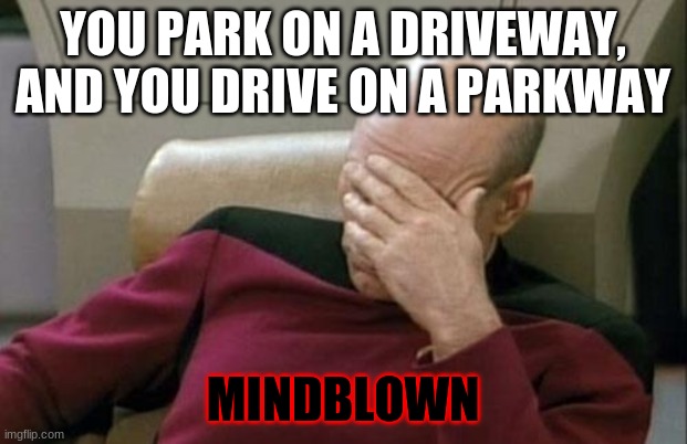 what is wrong with english | YOU PARK ON A DRIVEWAY, AND YOU DRIVE ON A PARKWAY; MINDBLOWN | image tagged in memes,captain picard facepalm | made w/ Imgflip meme maker