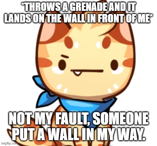 *THROWS A GRENADE AND IT LANDS ON THE WALL IN FRONT OF ME*; NOT MY FAULT, SOMEONE PUT A WALL IN MY WAY. | image tagged in cat game | made w/ Imgflip meme maker