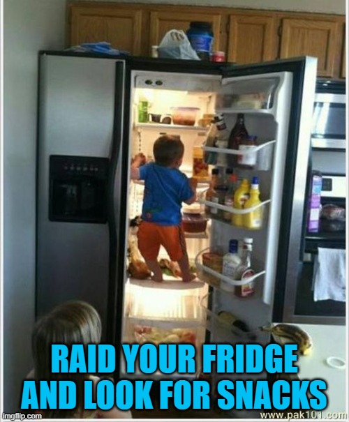 baby getting food from fridge | RAID YOUR FRIDGE AND LOOK FOR SNACKS | image tagged in baby getting food from fridge | made w/ Imgflip meme maker