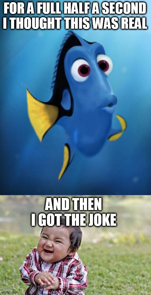 FOR A FULL HALF A SECOND I THOUGHT THIS WAS REAL AND THEN I GOT THE JOKE | image tagged in dory,memes,evil toddler | made w/ Imgflip meme maker