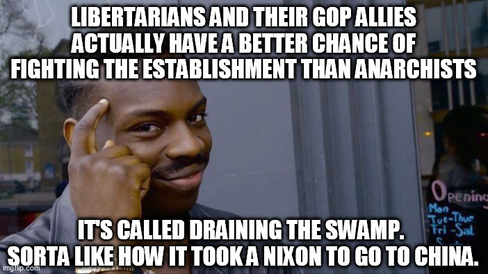 Roll Safe Think About It Meme | LIBERTARIANS AND THEIR GOP ALLIES ACTUALLY HAVE A BETTER CHANCE OF FIGHTING THE ESTABLISHMENT THAN ANARCHISTS IT'S CALLED DRAINING THE SWAMP | image tagged in memes,roll safe think about it | made w/ Imgflip meme maker