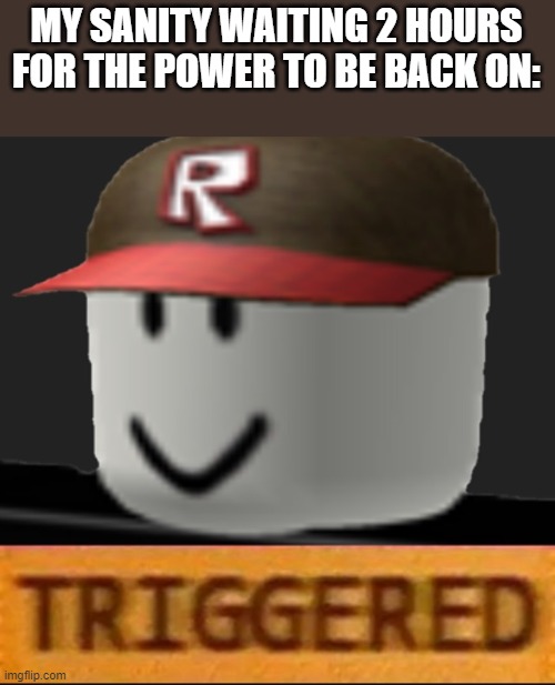 The power's back on as my sanity was slowly going insane, gn | MY SANITY WAITING 2 HOURS FOR THE POWER TO BE BACK ON: | image tagged in roblox triggered | made w/ Imgflip meme maker