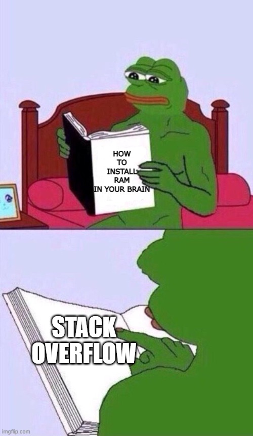 HOW TO INSTALL RAM IN YOUR BRAIN | HOW TO INSTALL RAM
IN YOUR BRAIN; STACK OVERFLOW | image tagged in reasons to live pepe the frog | made w/ Imgflip meme maker