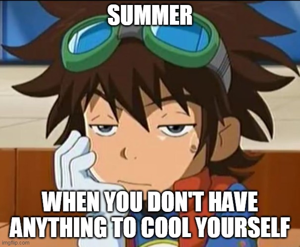 Summer when you can't cool off | SUMMER; WHEN YOU DON'T HAVE ANYTHING TO COOL YOURSELF | image tagged in digimon really,digimon | made w/ Imgflip meme maker