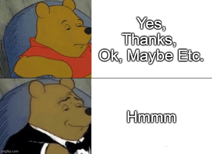 Tuxedo Winnie The Pooh | Yes, Thanks, 
Ok, Maybe Etc. Hmmm | image tagged in memes,tuxedo winnie the pooh | made w/ Imgflip meme maker