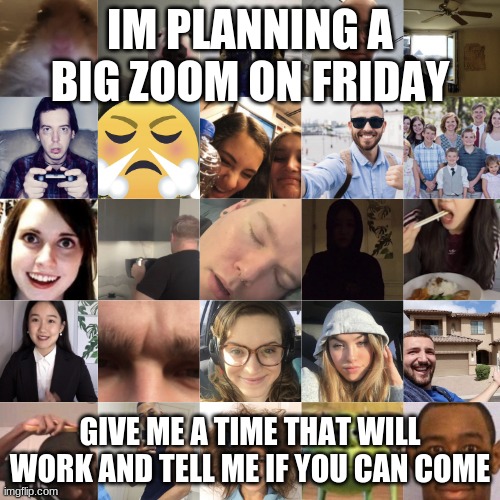 Screen sharing disabled | IM PLANNING A BIG ZOOM ON FRIDAY; GIVE ME A TIME THAT WILL WORK AND TELL ME IF YOU CAN COME | image tagged in zoom classes be like | made w/ Imgflip meme maker