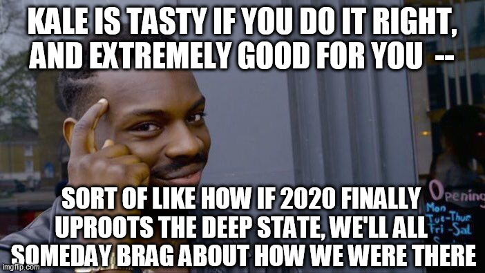 Roll Safe Think About It Meme | KALE IS TASTY IF YOU DO IT RIGHT,
AND EXTREMELY GOOD FOR YOU  -- SORT OF LIKE HOW IF 2020 FINALLY 
UPROOTS THE DEEP STATE, WE'LL ALL 
SOMEDA | image tagged in memes,roll safe think about it | made w/ Imgflip meme maker