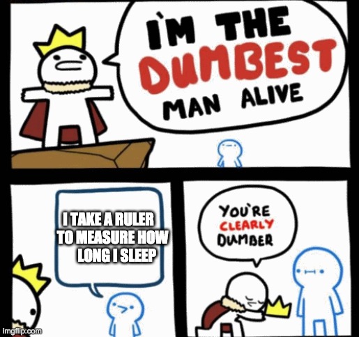 The Dumbest Man Alive | I TAKE A RULER    TO MEASURE HOW       LONG I SLEEP | image tagged in the dumbest man alive,meme | made w/ Imgflip meme maker