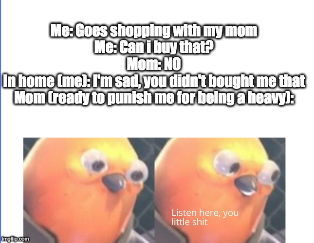 Why we always want that? | Me: Goes shopping with my mom
Me: Can i buy that?
Mom: NO
In home (me): I'm sad, you didn't bought me that
Mom (ready to punish me for being a heavy): | image tagged in listen here you little shit | made w/ Imgflip meme maker