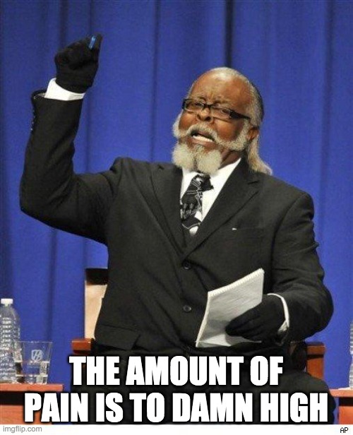 The amount of X is too damn high | THE AMOUNT OF PAIN IS TO DAMN HIGH | image tagged in the amount of x is too damn high | made w/ Imgflip meme maker