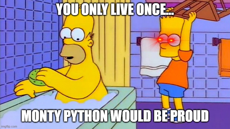 bart hitting homer with a chair | YOU ONLY LIVE ONCE... MONTY PYTHON WOULD BE PROUD | image tagged in bart hitting homer with a chair | made w/ Imgflip meme maker