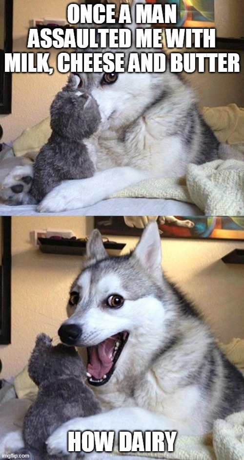 Husky Dog Surprised | ONCE A MAN ASSAULTED ME WITH MILK, CHEESE AND BUTTER; HOW DAIRY | image tagged in husky dog surprised | made w/ Imgflip meme maker