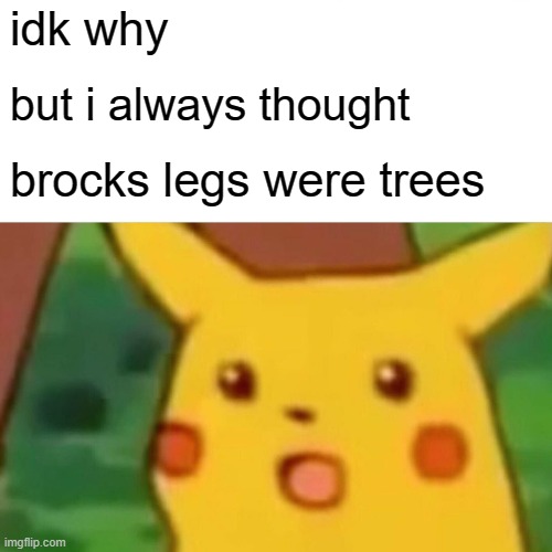 idk why | idk why; but i always thought; brocks legs were trees | image tagged in surprised pikachu,brock's leg | made w/ Imgflip meme maker