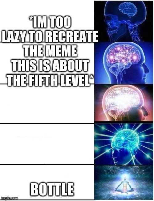 Expanding Brain 5 Panel | *IM TOO LAZY TO RECREATE THE MEME THIS IS ABOUT THE FIFTH LEVEL* BOTTLE | image tagged in expanding brain 5 panel | made w/ Imgflip meme maker