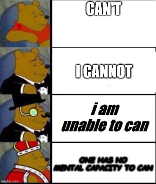 what next | CAN'T; I CANNOT; i am unable to can; ONE HAS NO MENTAL CAPACITY TO CAN | image tagged in winnie the pooh 4 | made w/ Imgflip meme maker