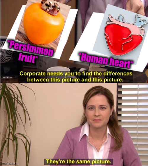 -In a heart is pulsing stomp. | *Persimmon fruit*; *Human heart* | image tagged in memes,they're the same picture,fruit,braveheart,office space,equality | made w/ Imgflip meme maker