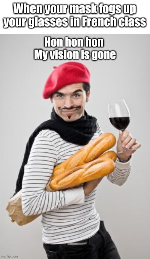 honhonhon baguettes | When your mask fogs up your glasses in French class; Hon hon hon 
My vision is gone | image tagged in honhonhon baguettes | made w/ Imgflip meme maker