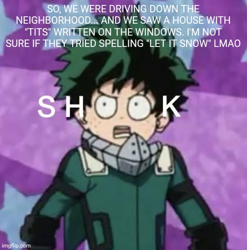 Deku shook | SO, WE WERE DRIVING DOWN THE NEIGHBORHOOD... AND WE SAW A HOUSE WITH "TITS" WRITTEN ON THE WINDOWS. I'M NOT SURE IF THEY TRIED SPELLING "LET IT SNOW" LMAO | image tagged in deku shook,wot m8 | made w/ Imgflip meme maker