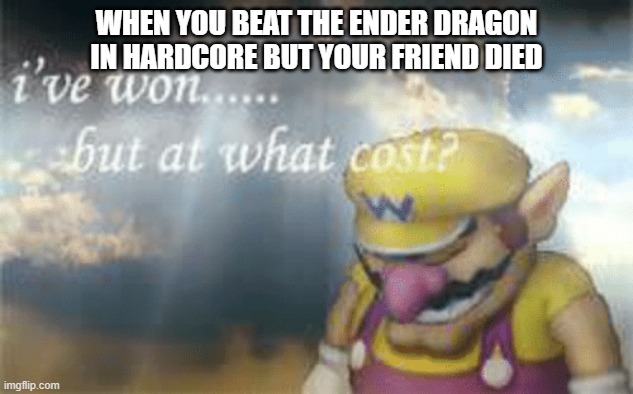 rip | WHEN YOU BEAT THE ENDER DRAGON IN HARDCORE BUT YOUR FRIEND DIED | image tagged in i've won but at what cost,memes,minecraft | made w/ Imgflip meme maker