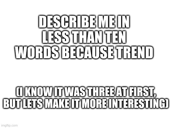 y not | DESCRIBE ME IN LESS THAN TEN WORDS BECAUSE TREND; (I KNOW IT WAS THREE AT FIRST, BUT LETS MAKE IT MORE INTERESTING) | made w/ Imgflip meme maker