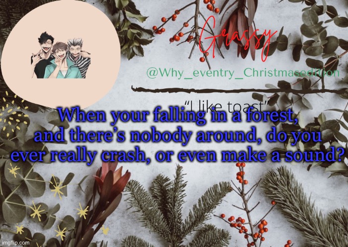 I wanna see if anyone gets it | When your falling in a forest, and there’s nobody around, do you ever really crash, or even make a sound? | image tagged in why_eventry christmas template,musicals | made w/ Imgflip meme maker