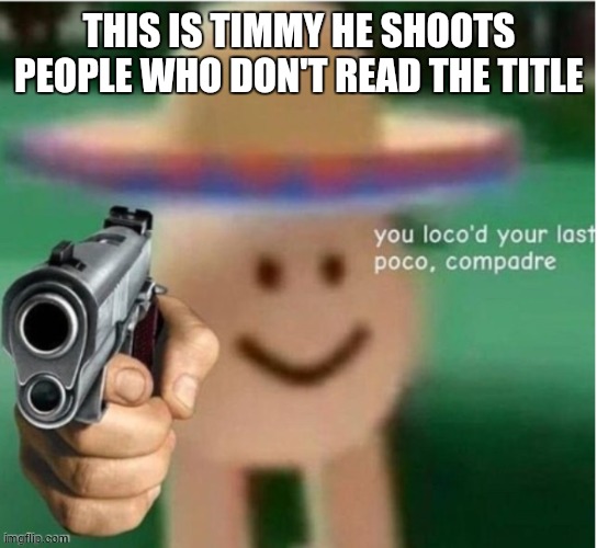too late (loads gun) | THIS IS TIMMY HE SHOOTS PEOPLE WHO DON'T READ THE TITLE | image tagged in you loco'd your last poco compadre | made w/ Imgflip meme maker