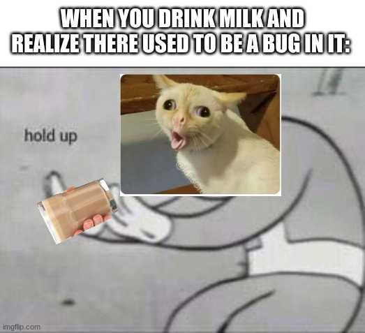 ewwwwwwww | WHEN YOU DRINK MILK AND REALIZE THERE USED TO BE A BUG IN IT: | image tagged in fallout hold up | made w/ Imgflip meme maker