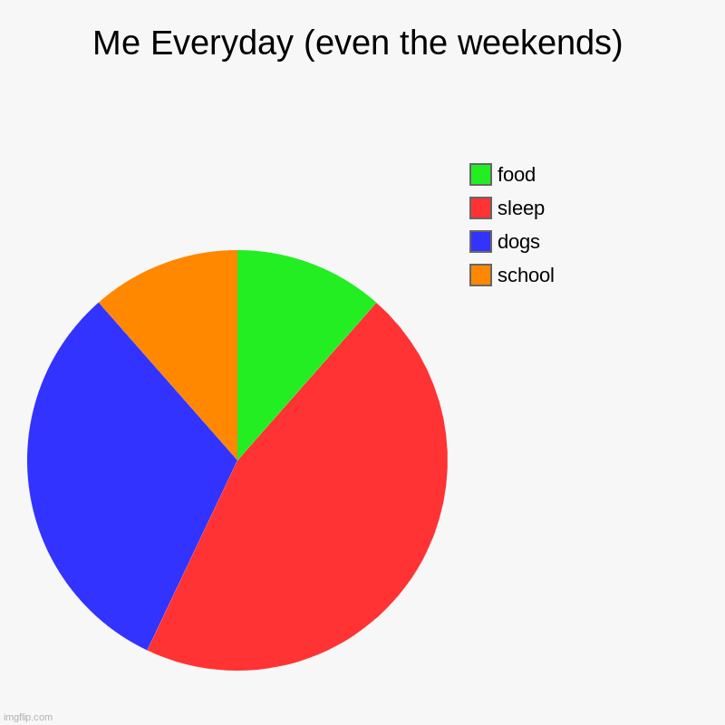 Me Everyday (even the weekends) | school, dogs, sleep, food | image tagged in charts,pie charts | made w/ Imgflip chart maker