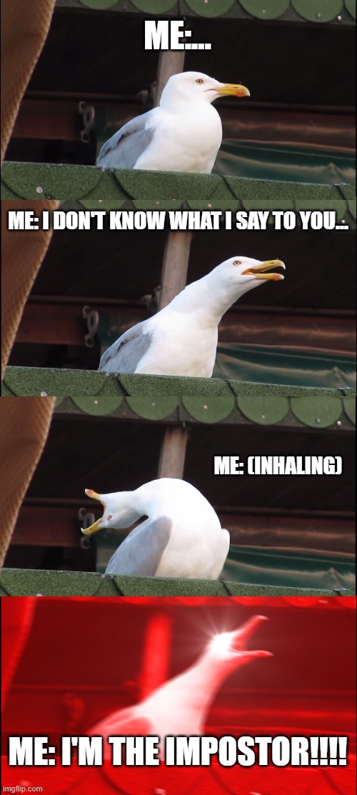 Inhaling Seagull Meme | ME:... ME: I DON'T KNOW WHAT I SAY TO YOU... ME: (INHALING); ME: I'M THE IMPOSTOR!!!! | image tagged in memes,inhaling seagull | made w/ Imgflip meme maker