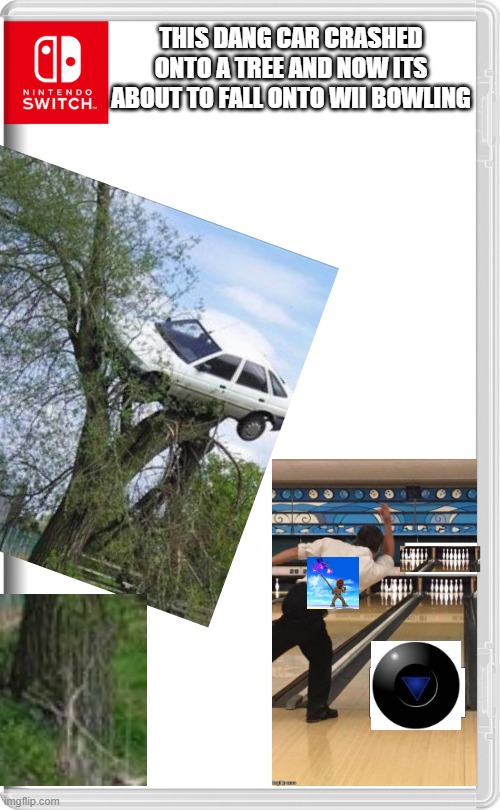 bAd cAr bAd | THIS DANG CAR CRASHED ONTO A TREE AND NOW ITS ABOUT TO FALL ONTO WII BOWLING | image tagged in nintendo switch | made w/ Imgflip meme maker