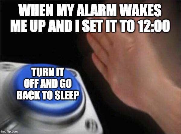 WAKE UP! | WHEN MY ALARM WAKES ME UP AND I SET IT TO 12:00; TURN IT OFF AND GO BACK TO SLEEP | image tagged in memes,blank nut button | made w/ Imgflip meme maker