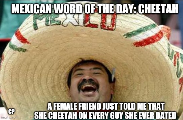 mexican word of the day | MEXICAN WORD OF THE DAY: CHEETAH; A FEMALE FRIEND JUST TOLD ME THAT SHE CHEETAH ON EVERY GUY SHE EVER DATED; CP | image tagged in mexican word of the day | made w/ Imgflip meme maker