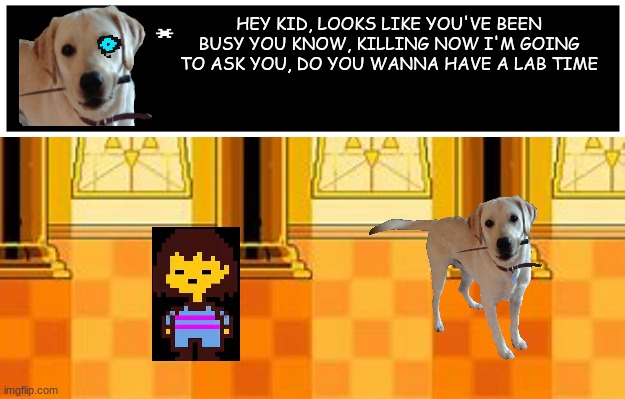 15 upvotes and ill do a part 2 | HEY KID, LOOKS LIKE YOU'VE BEEN BUSY YOU KNOW, KILLING NOW I'M GOING TO ASK YOU, DO YOU WANNA HAVE A LAB TIME | image tagged in judgement hall - undertale | made w/ Imgflip meme maker