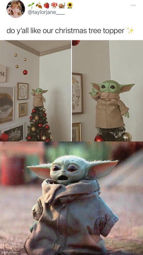 image tagged in surprised baby yoda,christmas,christmas tree,baby yoda,repost,twitter | made w/ Imgflip meme maker