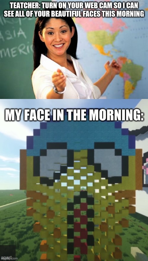 qwertyuiopasdfghjklzxcvbnm | TEATCHER: TURN ON YOUR WEB CAM SO I CAN SEE ALL OF YOUR BEAUTIFUL FACES THIS MORNING; MY FACE IN THE MORNING: | image tagged in memes,unhelpful high school teacher | made w/ Imgflip meme maker