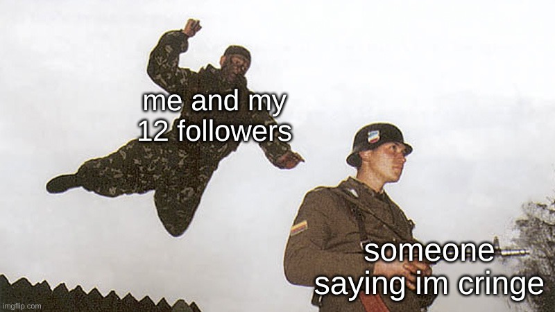 i love you all btw <3 | me and my 12 followers; someone saying im cringe | image tagged in soldier jump spetznaz | made w/ Imgflip meme maker