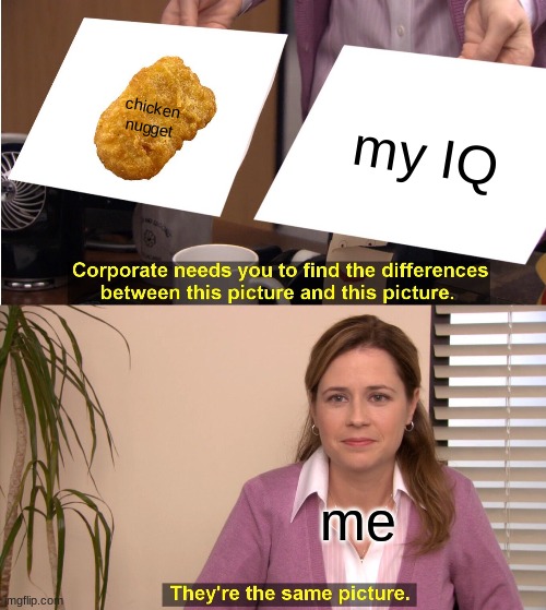 chicken nuggets are gross anyway | chicken nugget; my IQ; me | image tagged in memes,they're the same picture | made w/ Imgflip meme maker